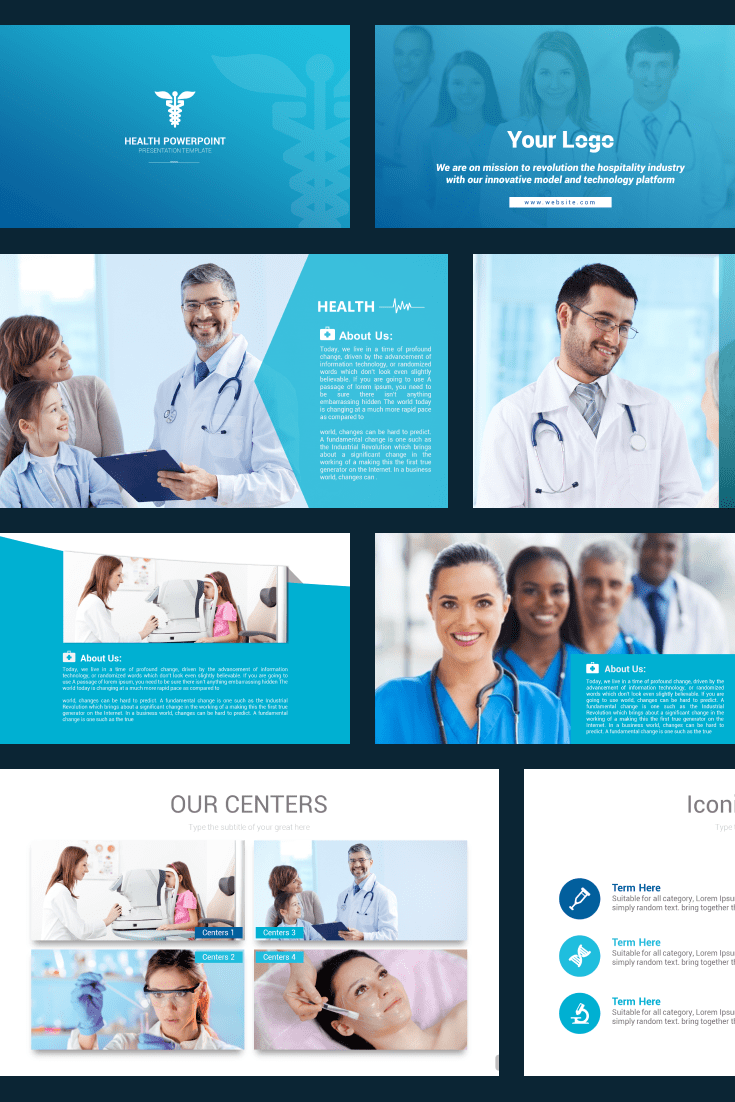 Blue combined with white is intended to inspire confidence in viewers or readers. This template is more visual - more pictures, less text - than verbal.