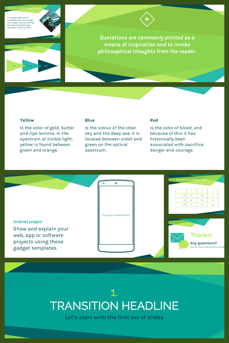 This template contains most of the shades of green - lime, marsh, emerald, etc. They set you up for work and underline your eco style.