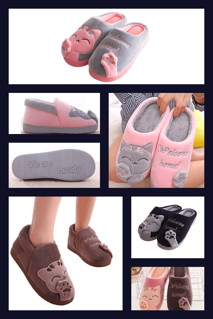 At home you also need to walk beautiful. Keep your feet warm with these cute pink and gray cat slippers.