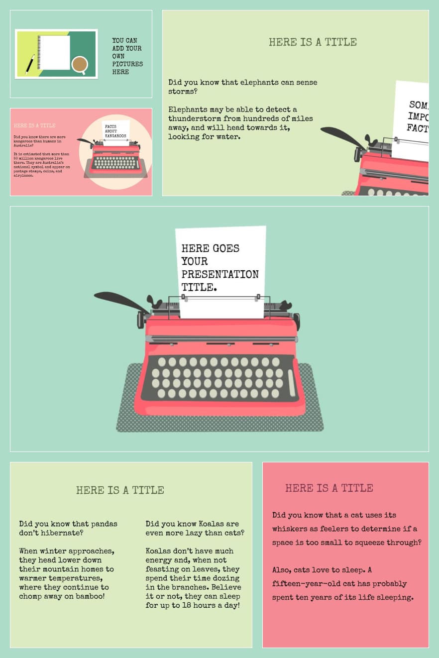 Template created in vintage style in the center with a typewriter. The colors are bright but calm. This is a good option for students and high school students.