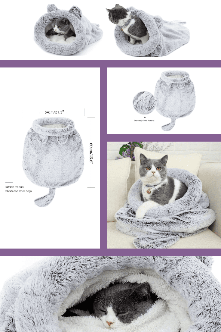 Warm, fleece, gray and white sleeping bag for your pet. He will warm up in it and will sleep all night, even in March.
