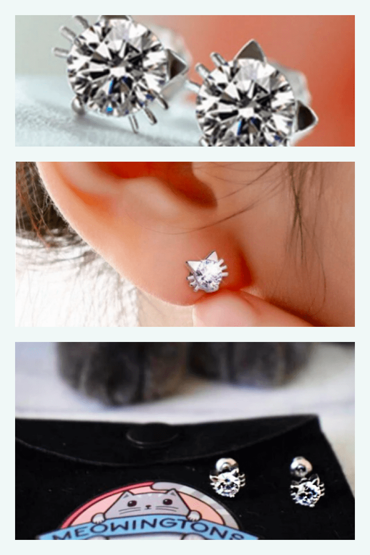 Earrings-buttons with a cat's face, cut with diamonds are a winning gift for every lady.