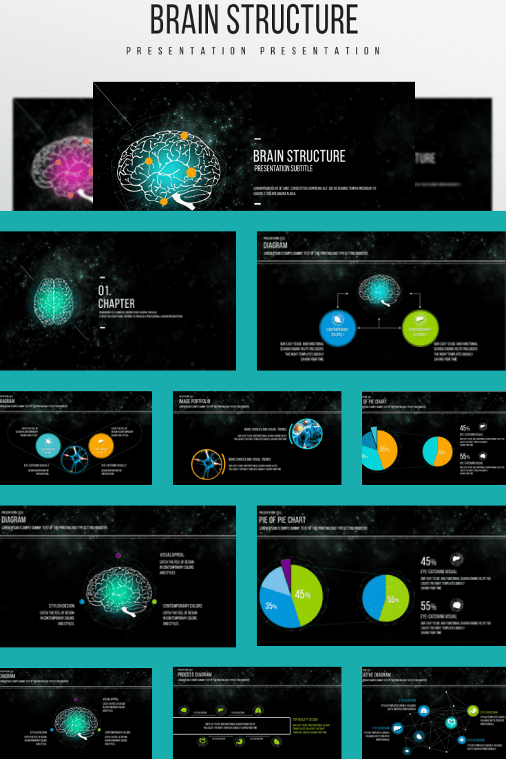 Dark theme with turquoise bezels. There is not much text here, but a lot of infographics. Stylish template.
