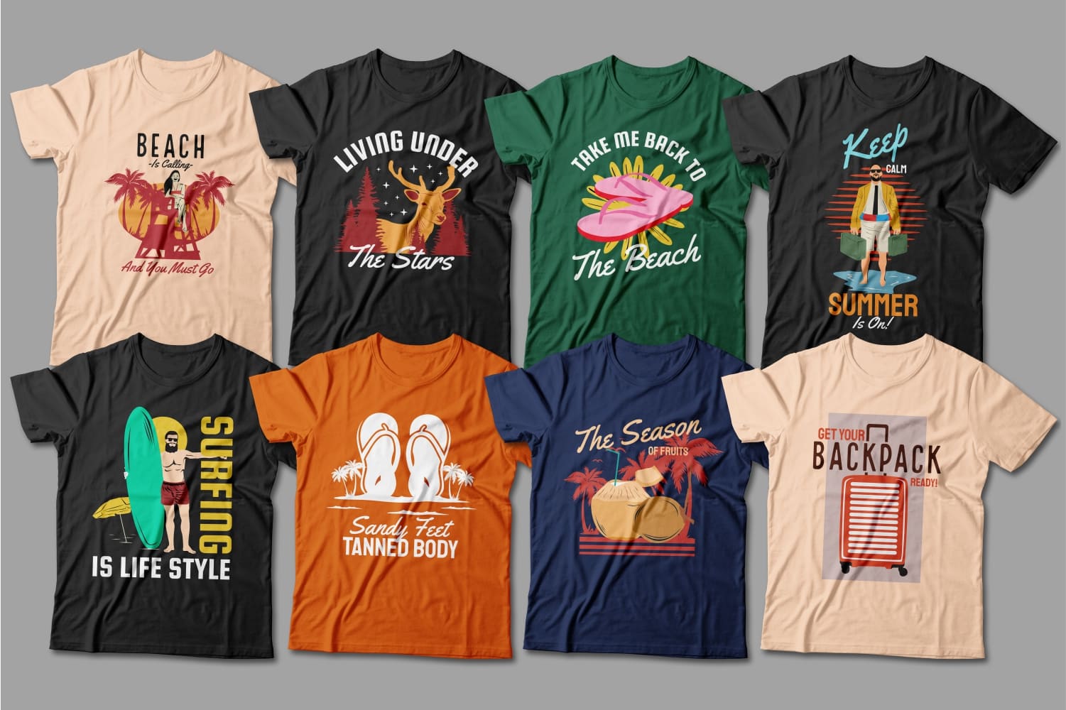 Summer T-shirts with different designs and prints.