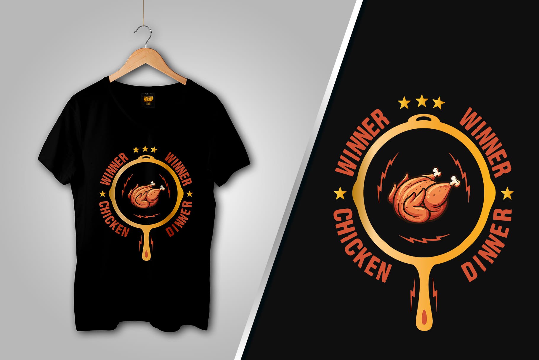 Black V-neck T-shirt featuring a badminton racket with a grilled chicken in the center and Winner wordmark.
