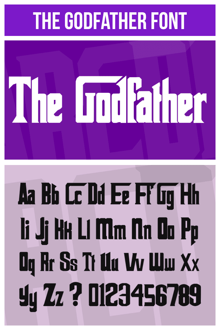 The font is shown in two formats against a purple background with lilac block accents. Gangster Fonts.