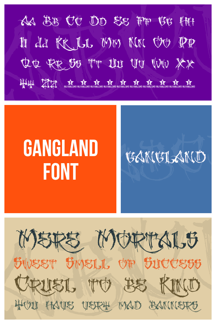 Four blocks with fonts on a background of different colors. Gangster Fonts.