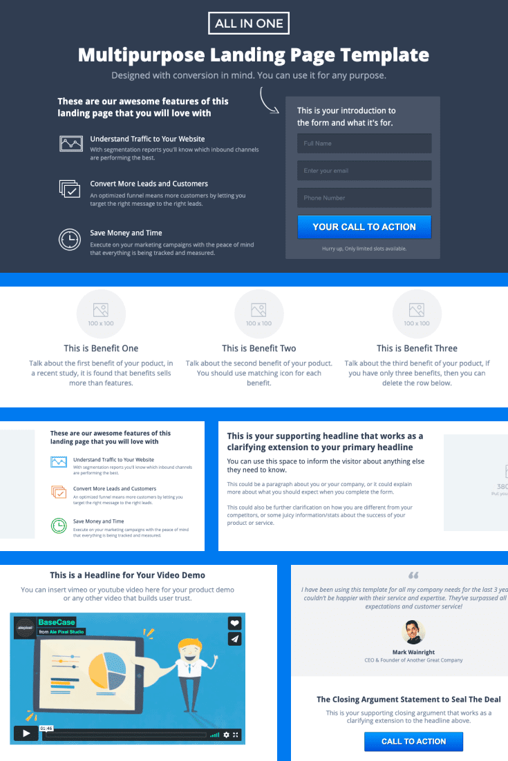 A good template for a landing page. Consists of text blocks, graphics and blue and white combination.