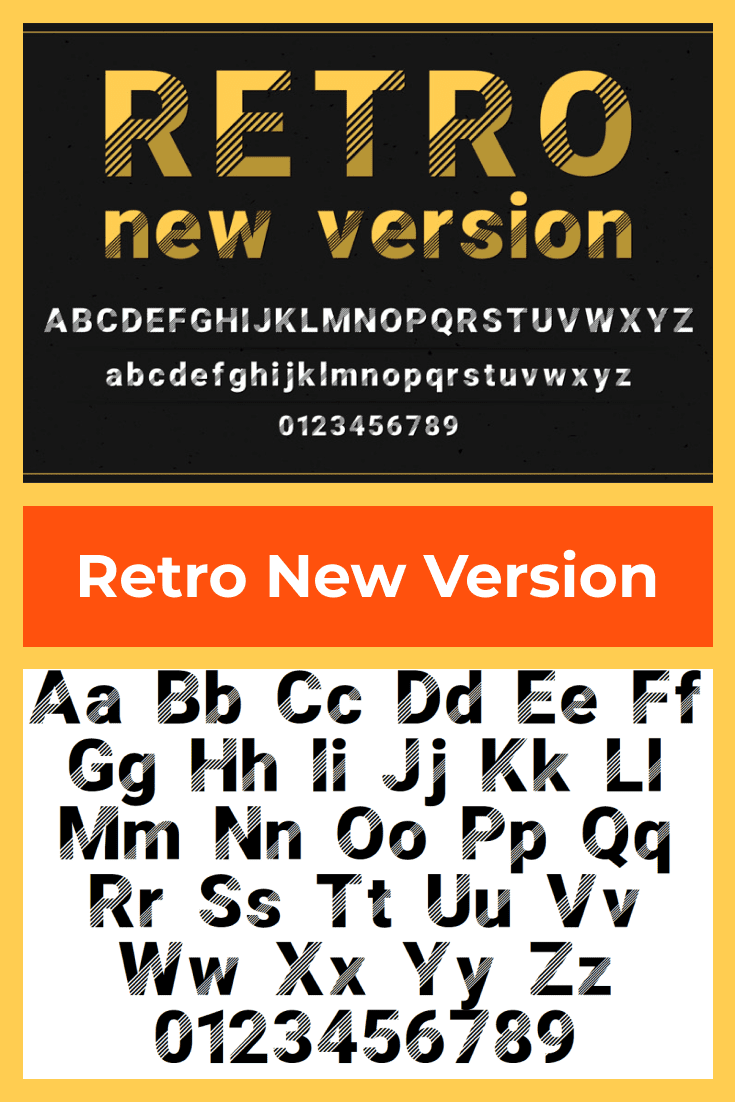 The general appearance of the font is depicted on a yellow background with orange borders. 90s Fonts.