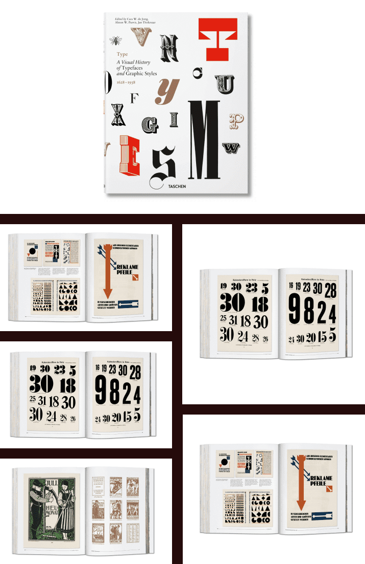 Type. A Visual History of Typefaces & Graphic Styles by Cees W. de Jong, Alston W. Purvis, Jan Tholenaar. Cover Collage.