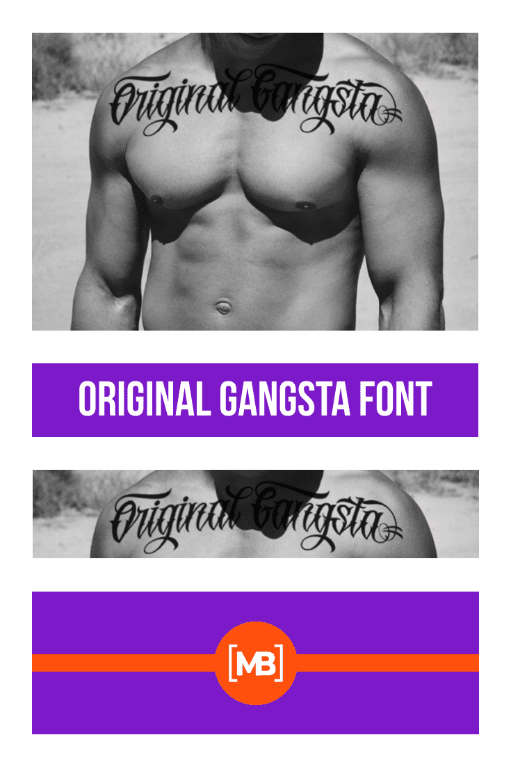 The font is depicted on the body of a pumped-up guy. Gangster Fonts.