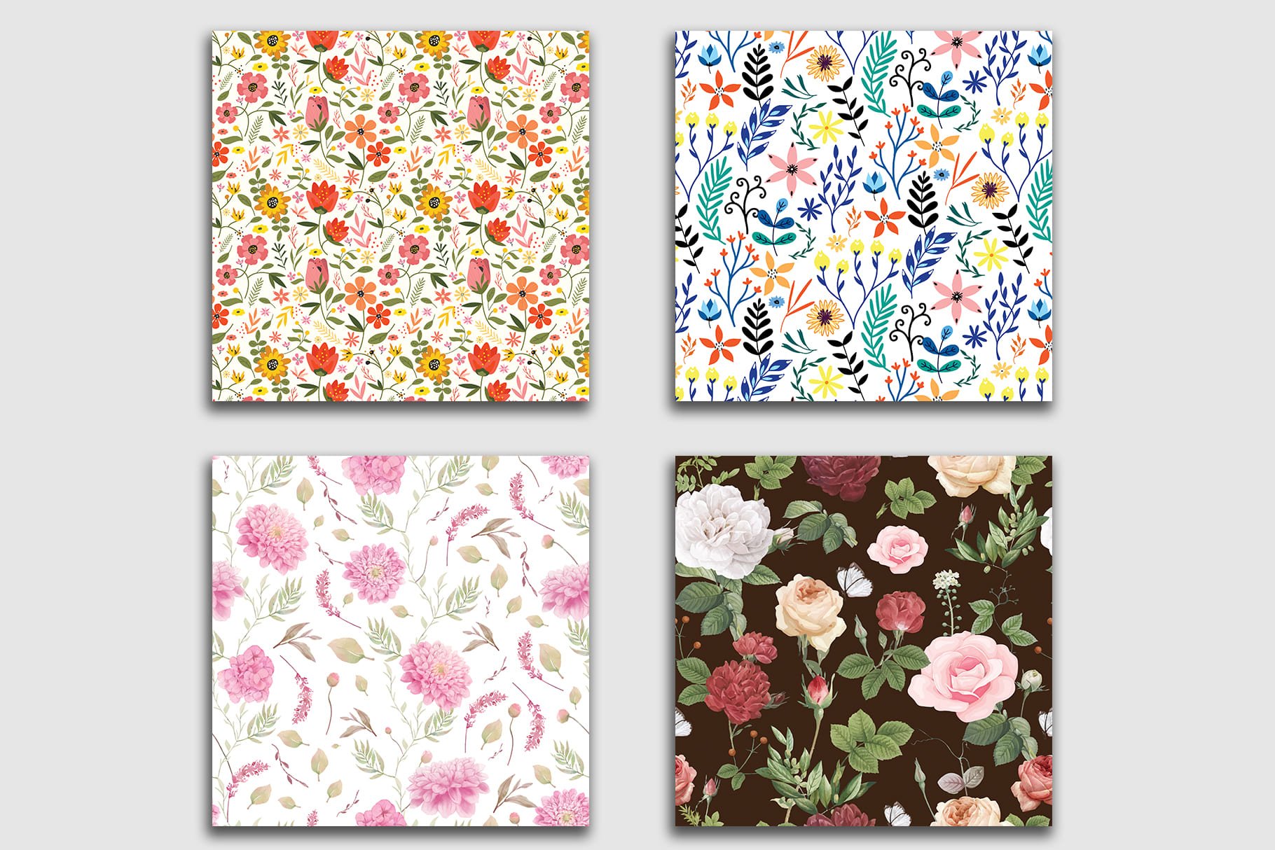 Square tiles in different moderate colors with different types of flowers.