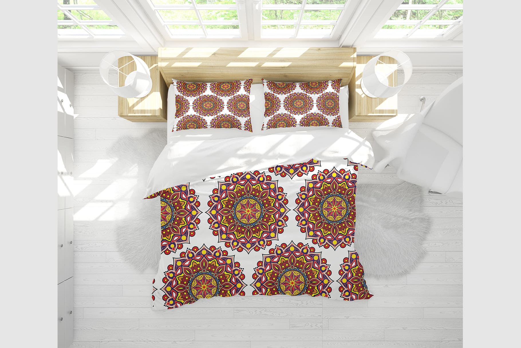 White bedding with a huge mandala.