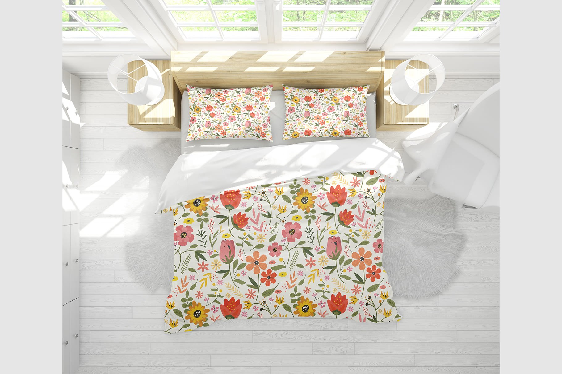 Delicate bed linen in a floral decoration.