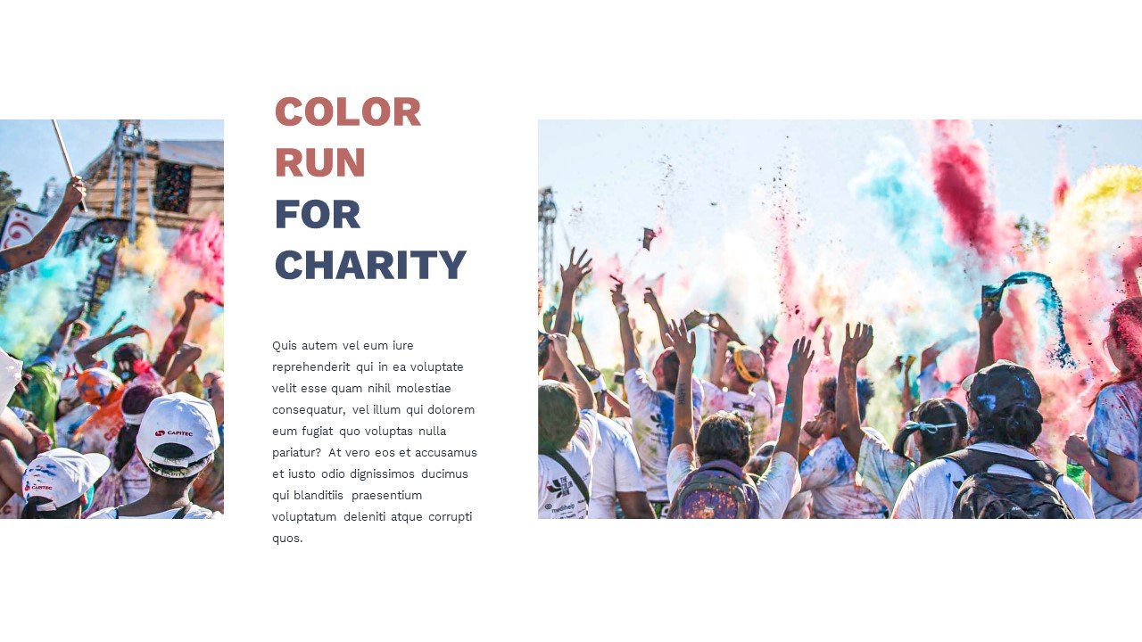 A slide with a photo and a text report about a bright charity event. Charity Presentation.