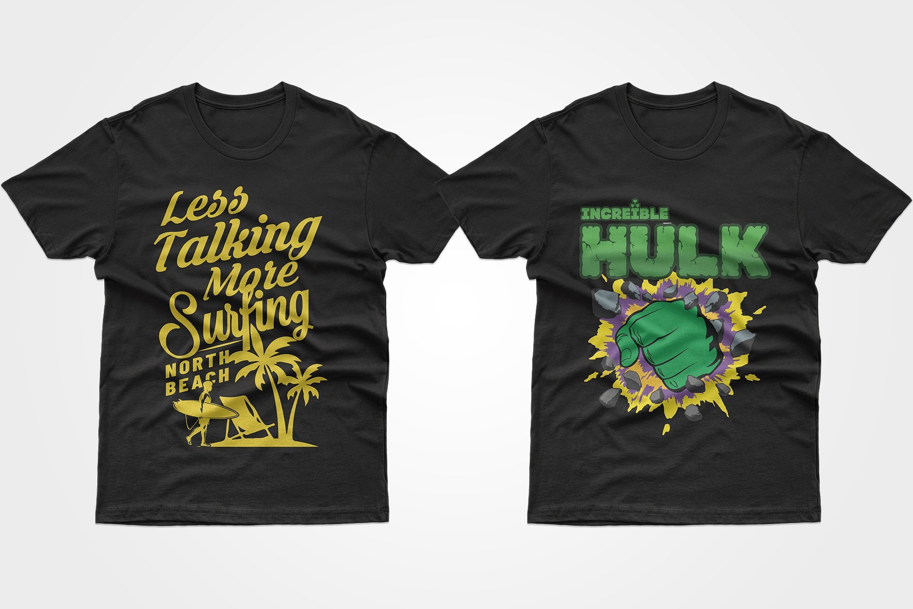 Two black T-shirts - with palm trees and a Hulk fist.