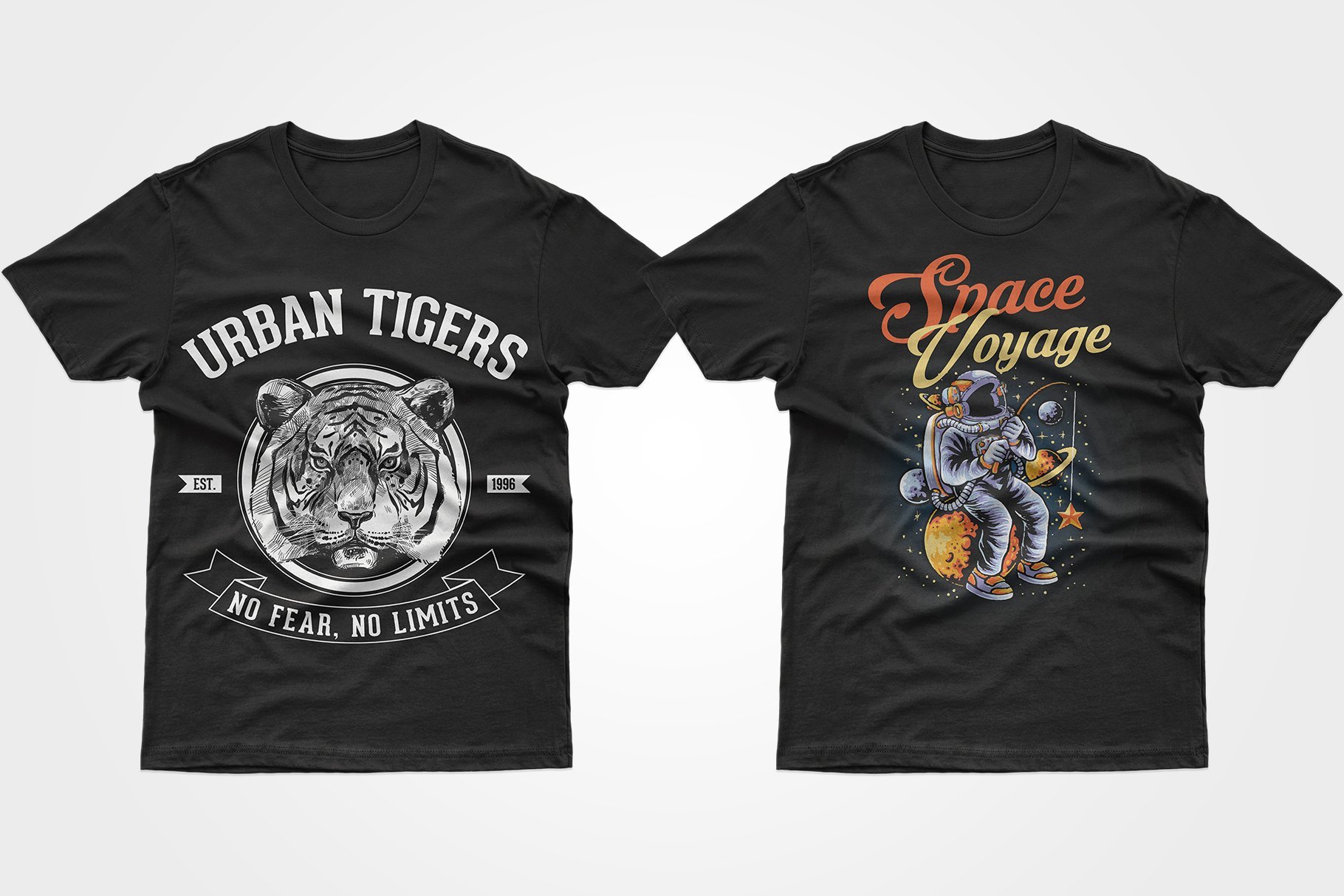 Two black T-shirts - with a tiger and an astronaut in outer space.