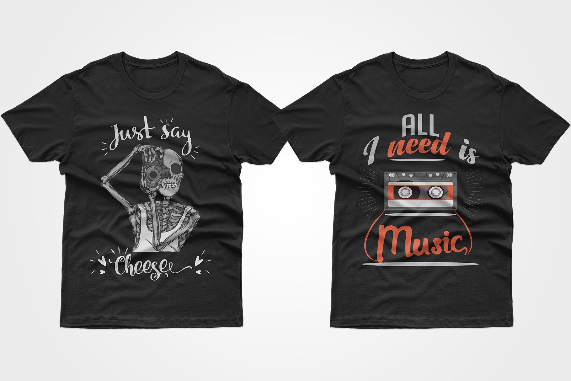 Two black T-shirts - one with a photographic skeleton, the other with a music cassette.