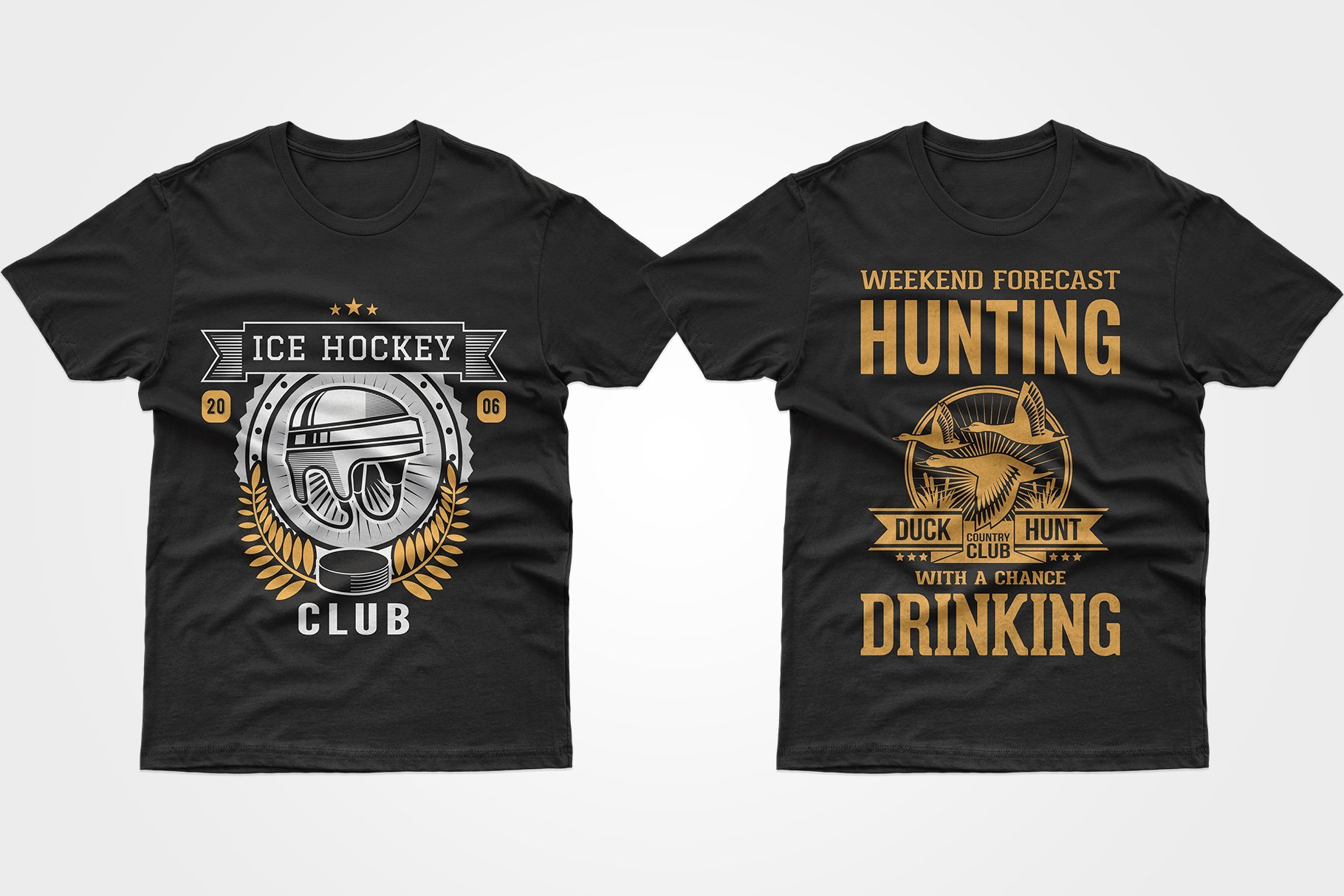 Two black T-shirts - one with a hockey helmet, the other - a poster about a duck hunt.