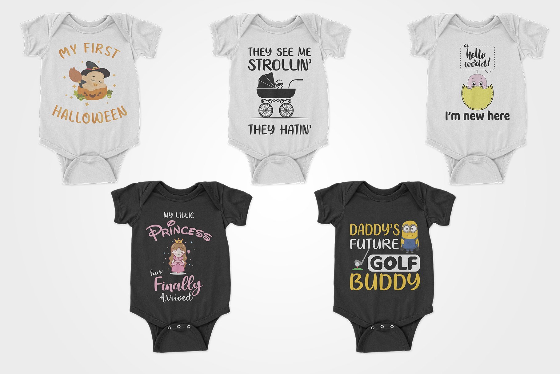 A collection of baby jumpsuits with great graphics..