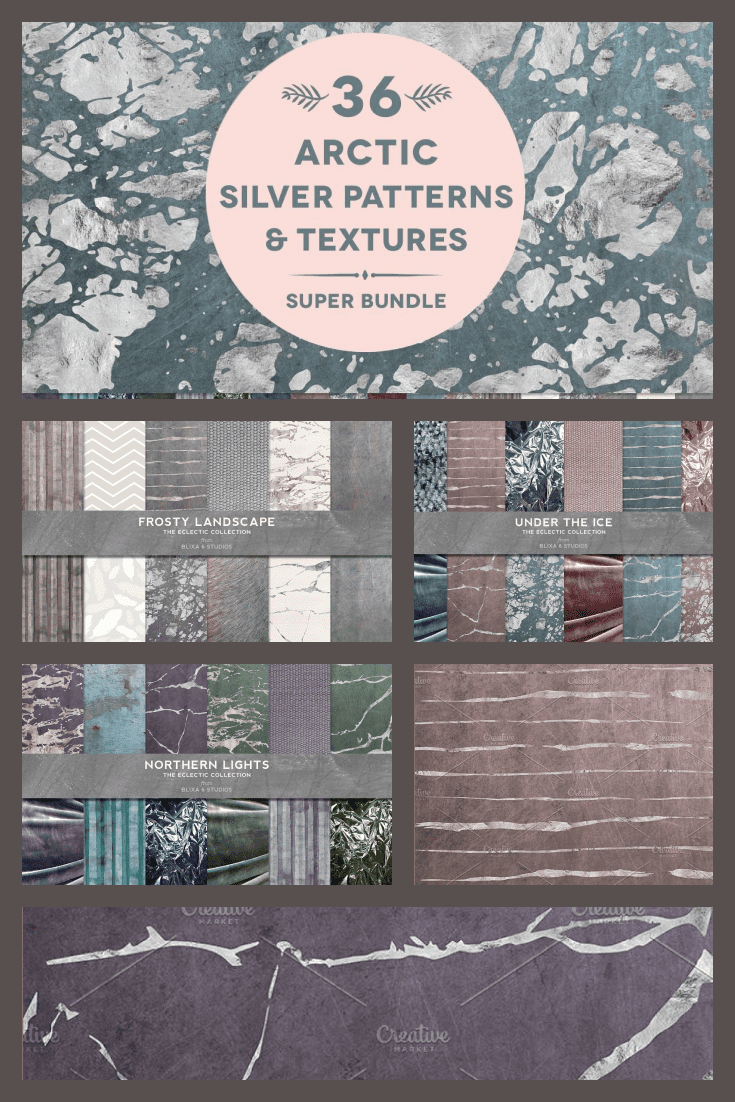 Luxurious collection of textures with silver. All backgrounds have their own color and silver details.