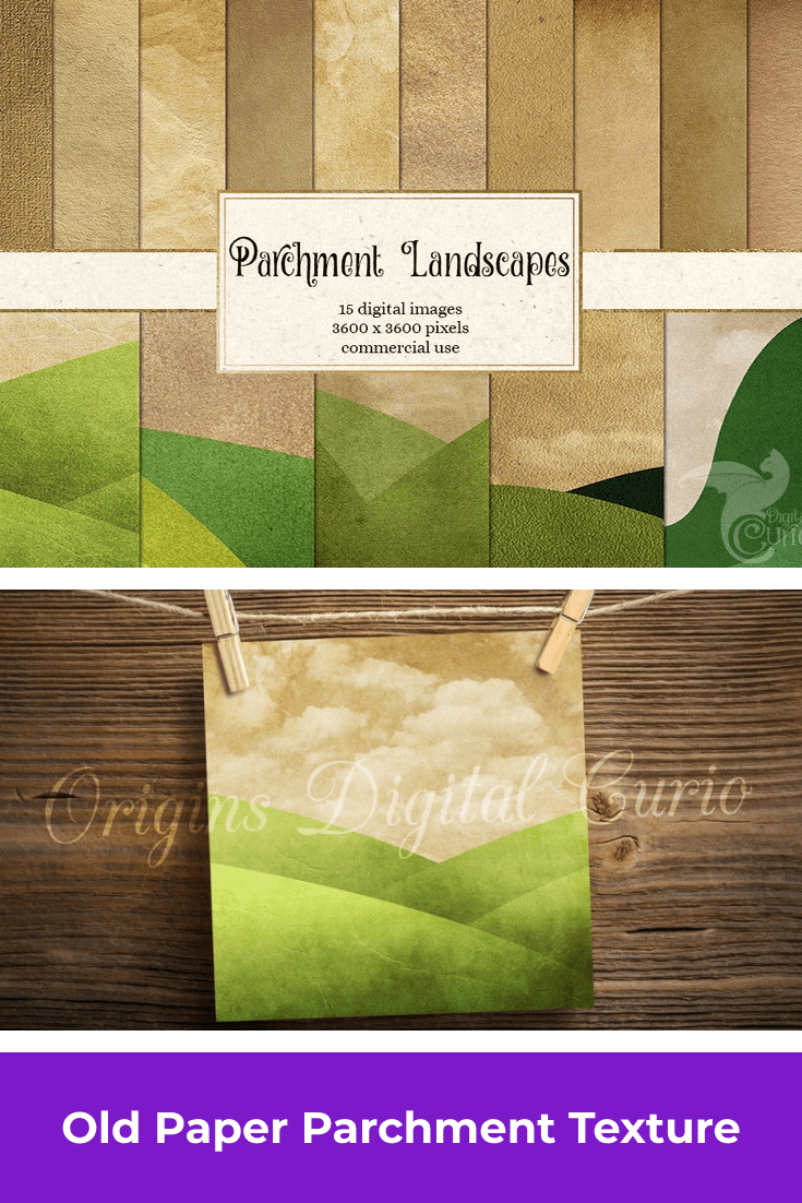 Retro style parchment with painted green mountains.