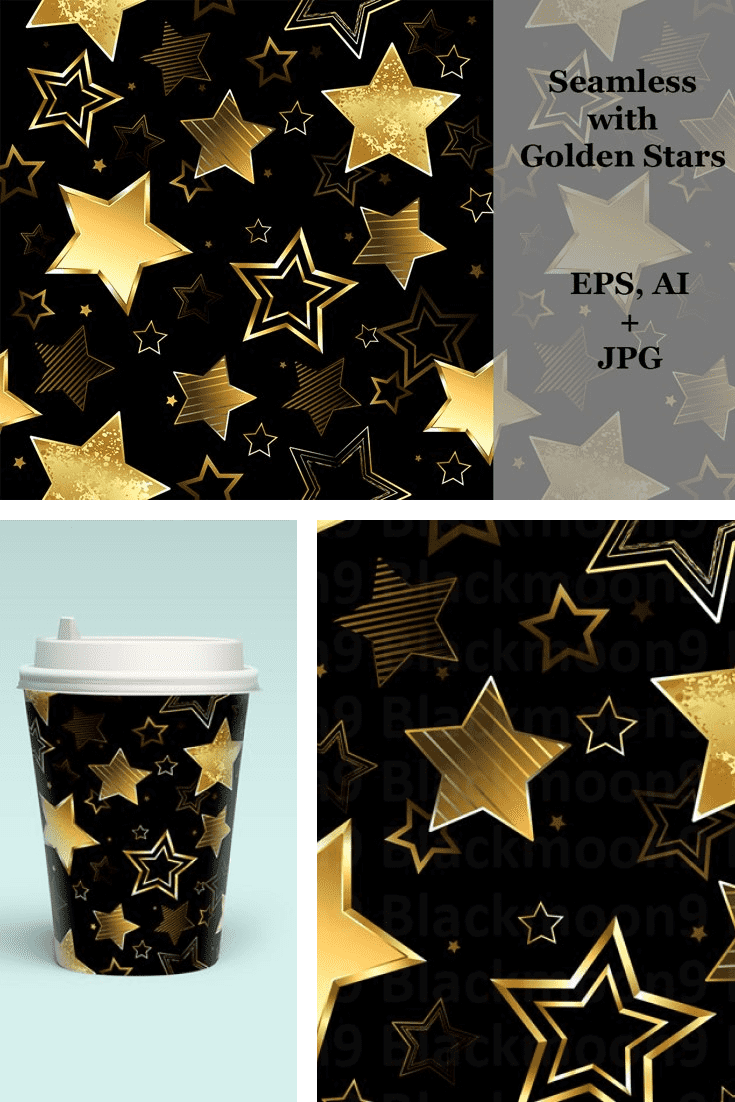 Gold stars with some patterns on a black background.