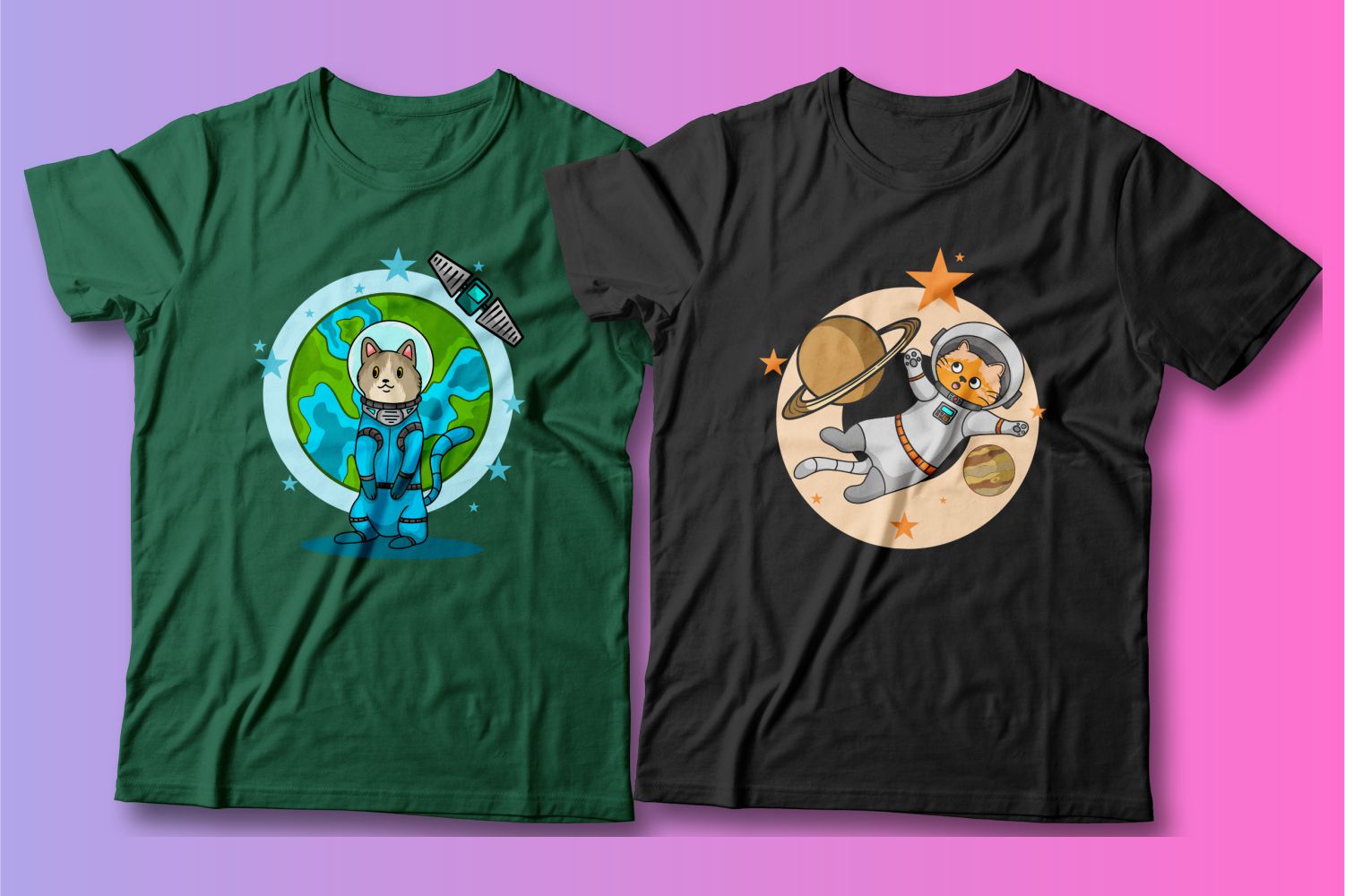 Beautiful bright graphics with cats in space on black T-shirts looks amazing.