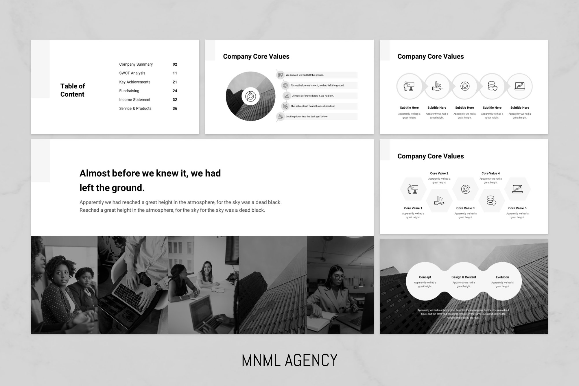 Black and white style with infographics.
