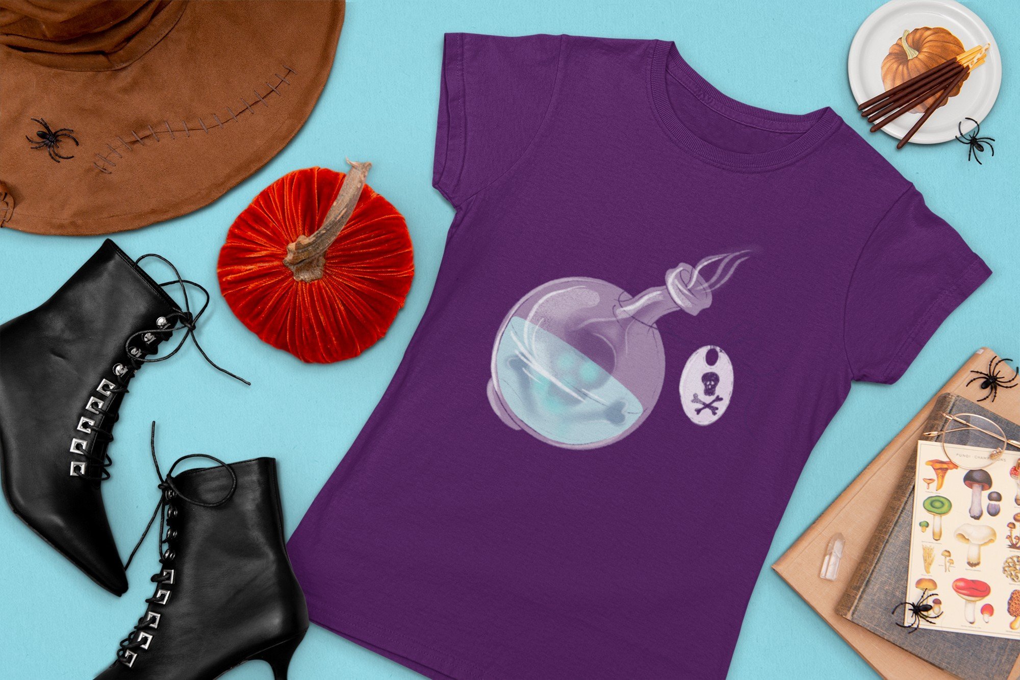 Purple T-shirt with a magic potion. Nordic Gnomes Halloween Сharacterse.