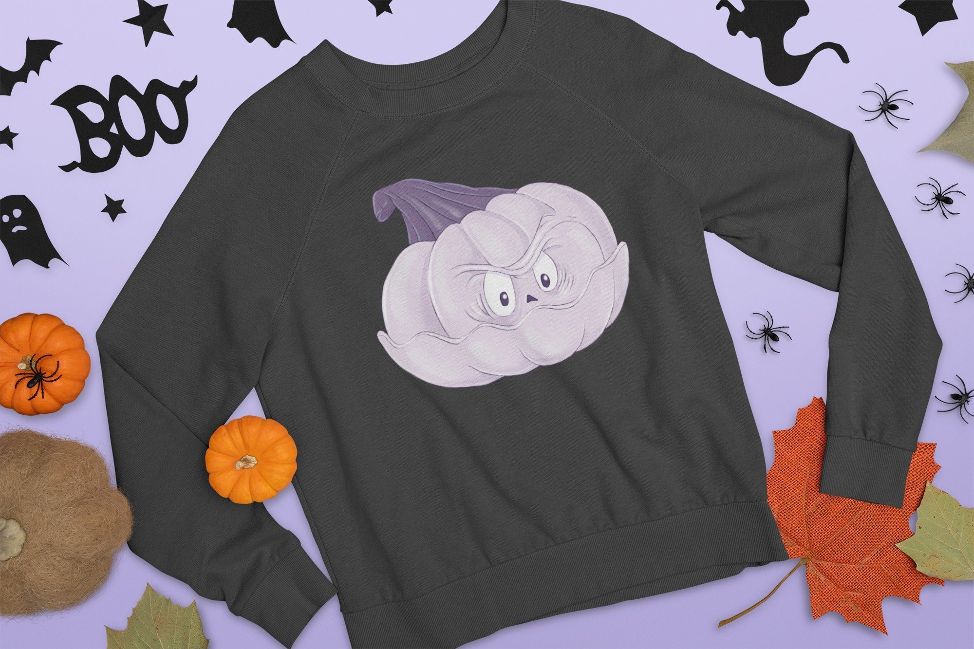 SSweatshirt with a disgruntled lilac pumpkin..Nordic Gnomes Halloween Сharacters.