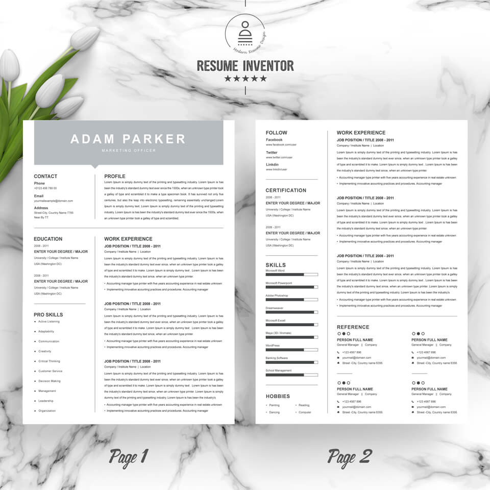 Two pages of this pattern. Marketing Officer Resume Template.