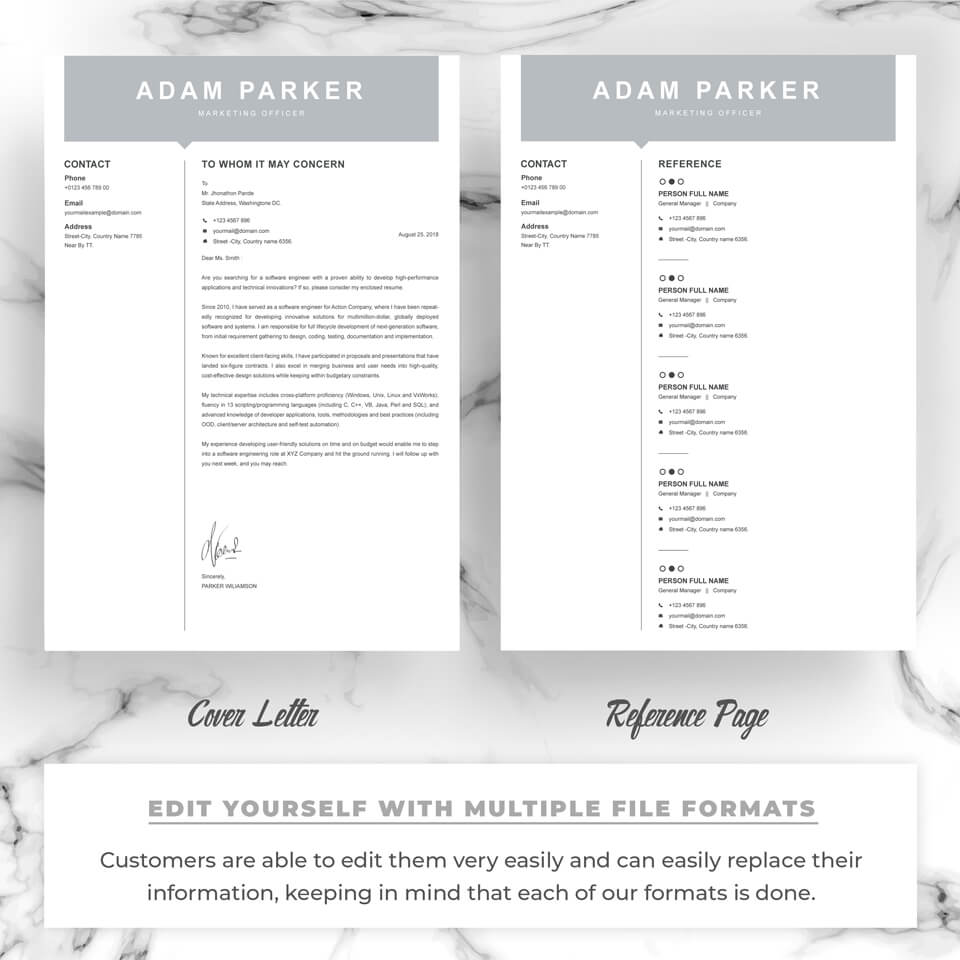 Two pages of the Marketing Officer Resume Template.