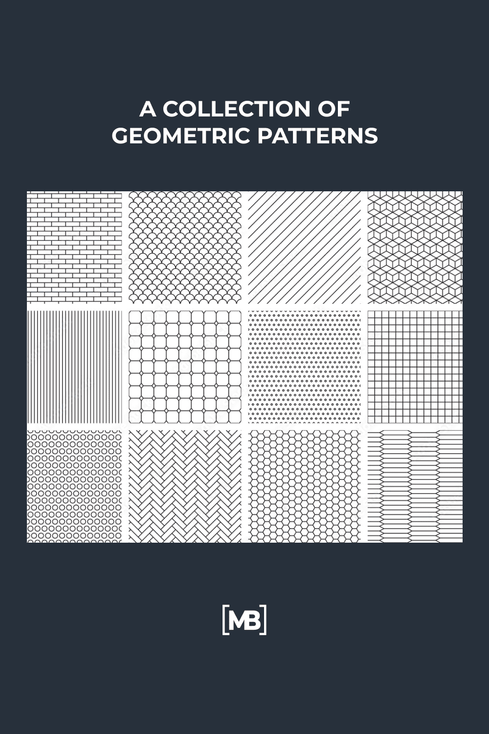 A collection of black and white geometric patterns.