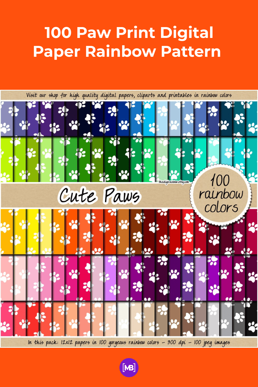 Paw Print Digital Paper Rainbow Pattern.