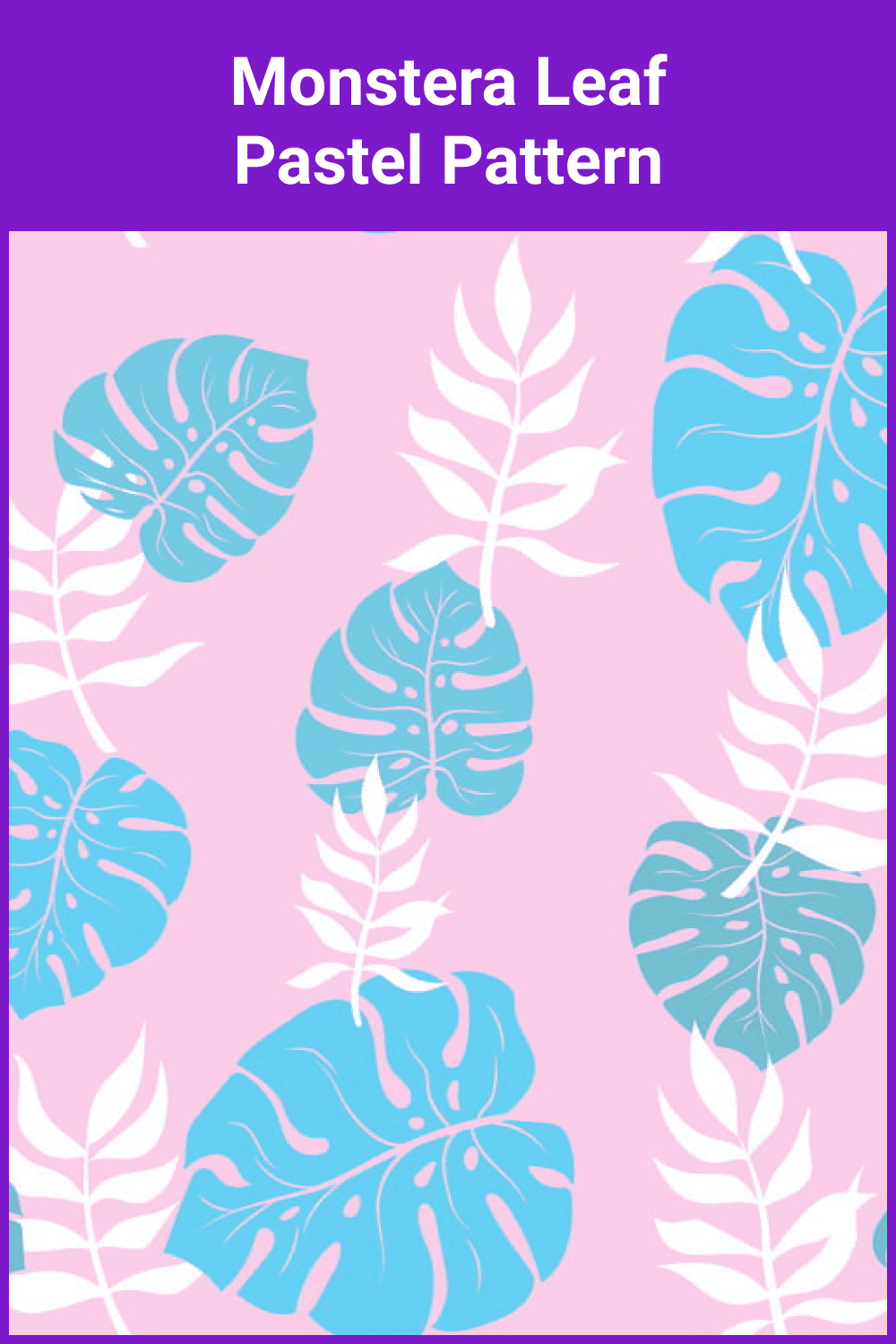 Monstera Leaf in white and blue colors on pink background.
