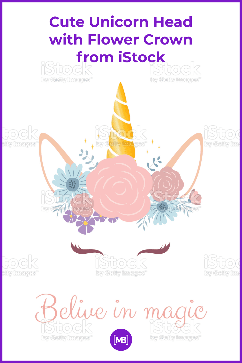 Vivid unicorn head with flowers and mini crown.