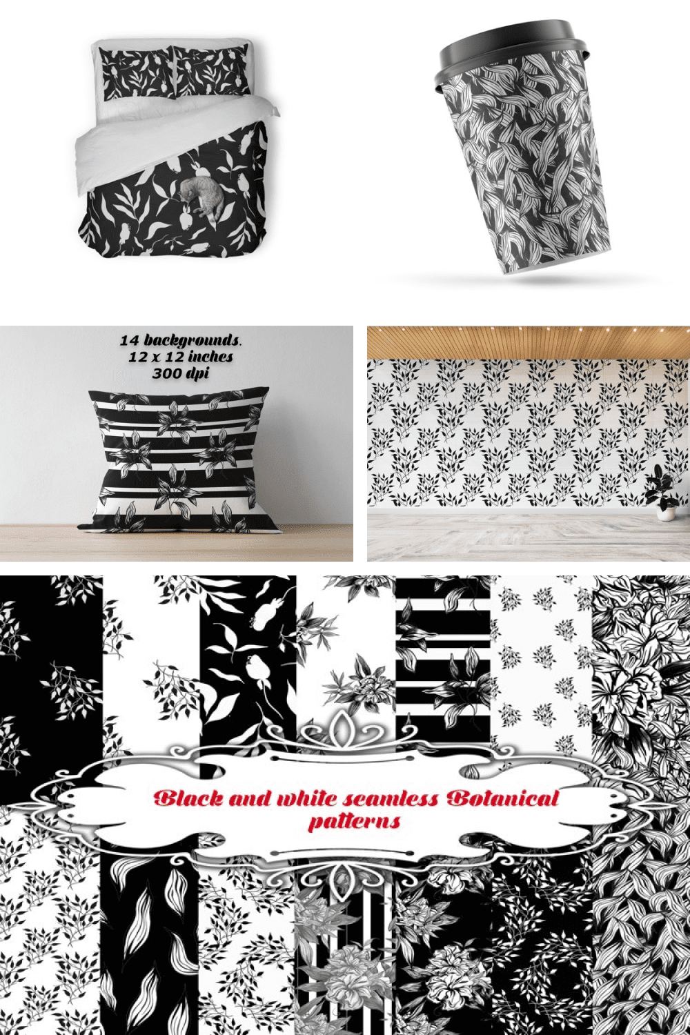 Black and white seamless botanical patterns.