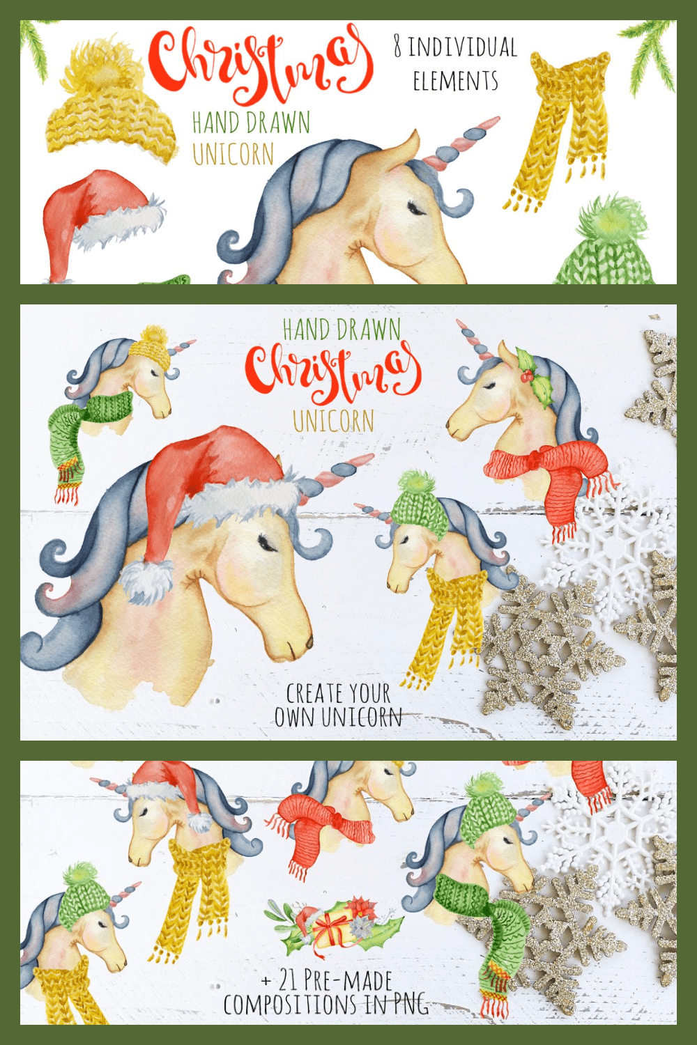 Watercolor Christmas unicorn.