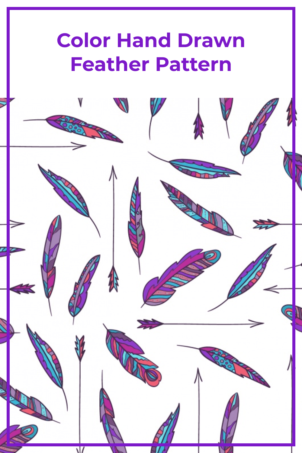 Color Hand Drawn Feather Pattern.