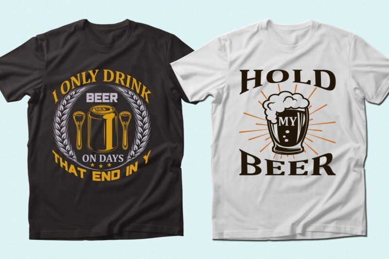 Two t-shirts with a glass of beer and foam.