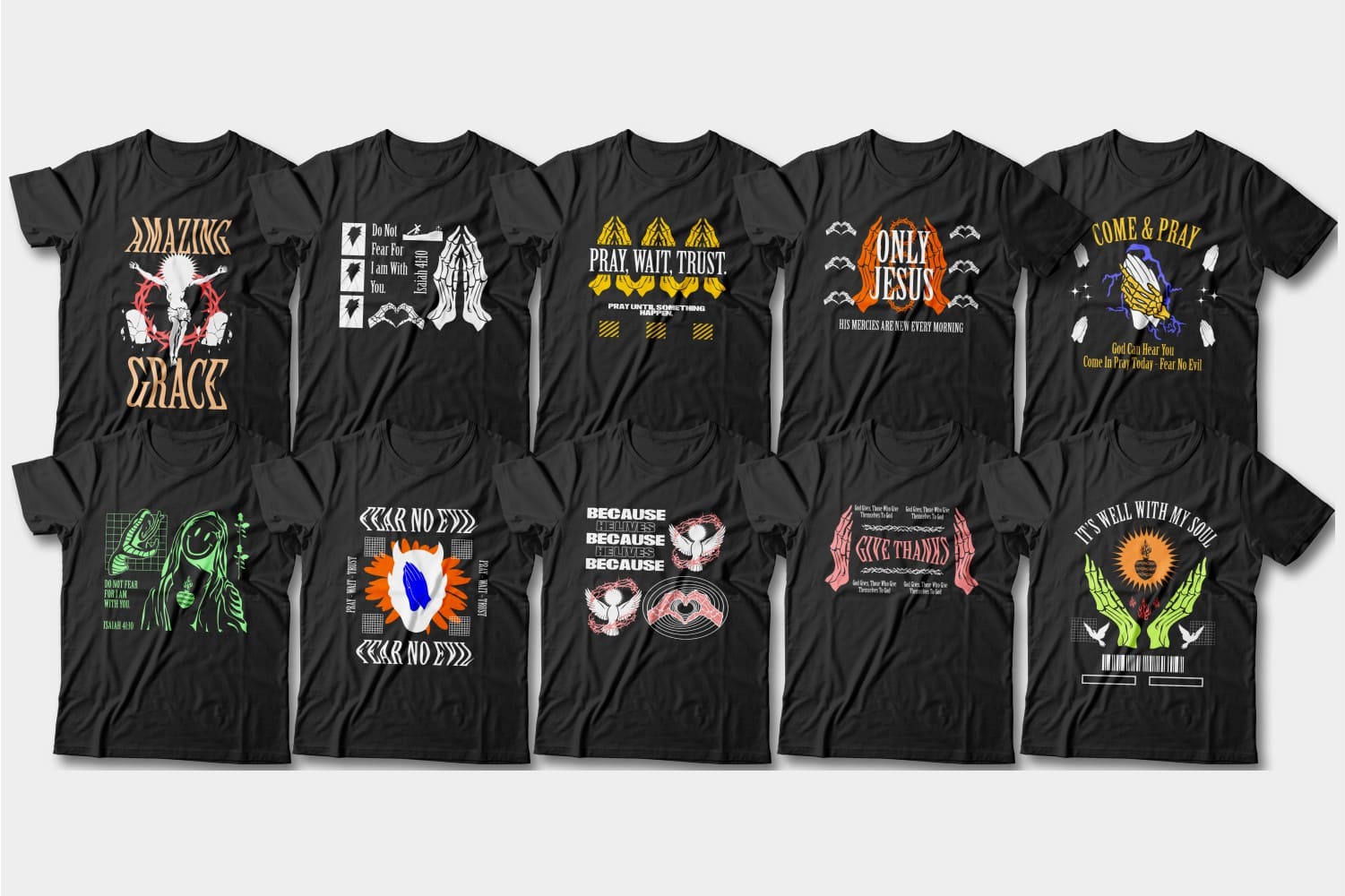 Black t-shirts with modern Christian graphics.