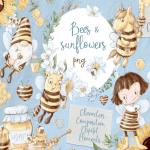 Bees sunflowers Digital clipart main cover.
