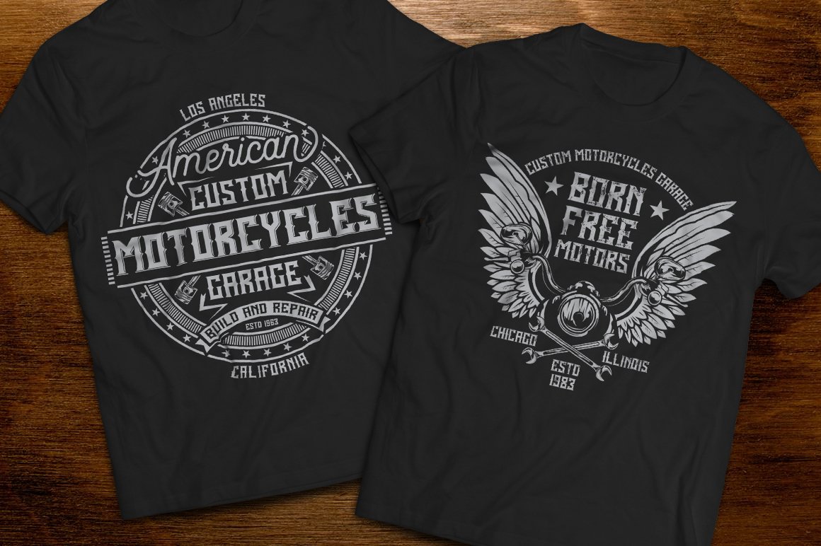 Black themed T-shirts with fenders and motorcycles.