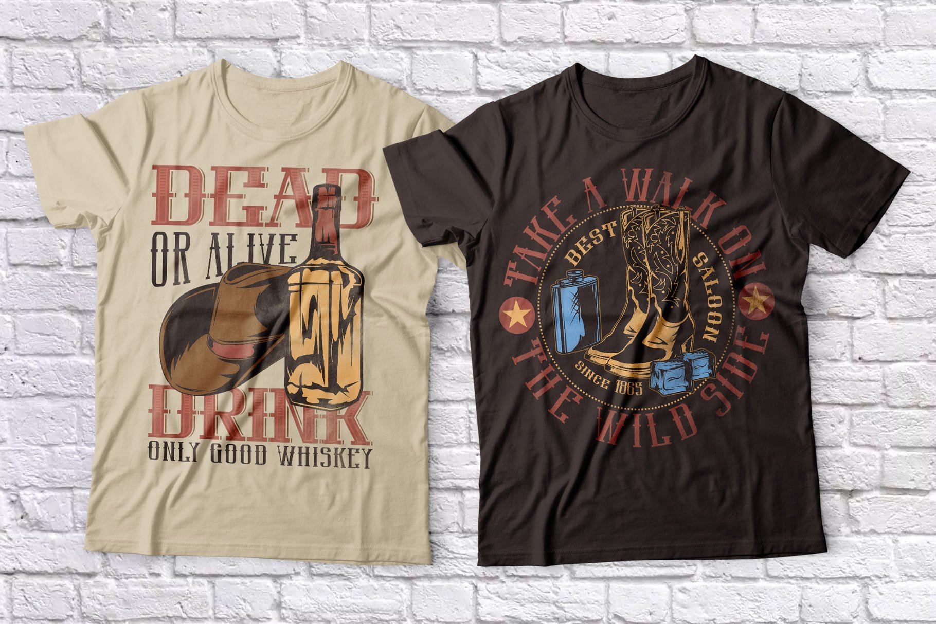 Themed t-shirts with whiskey and cowboy boots.