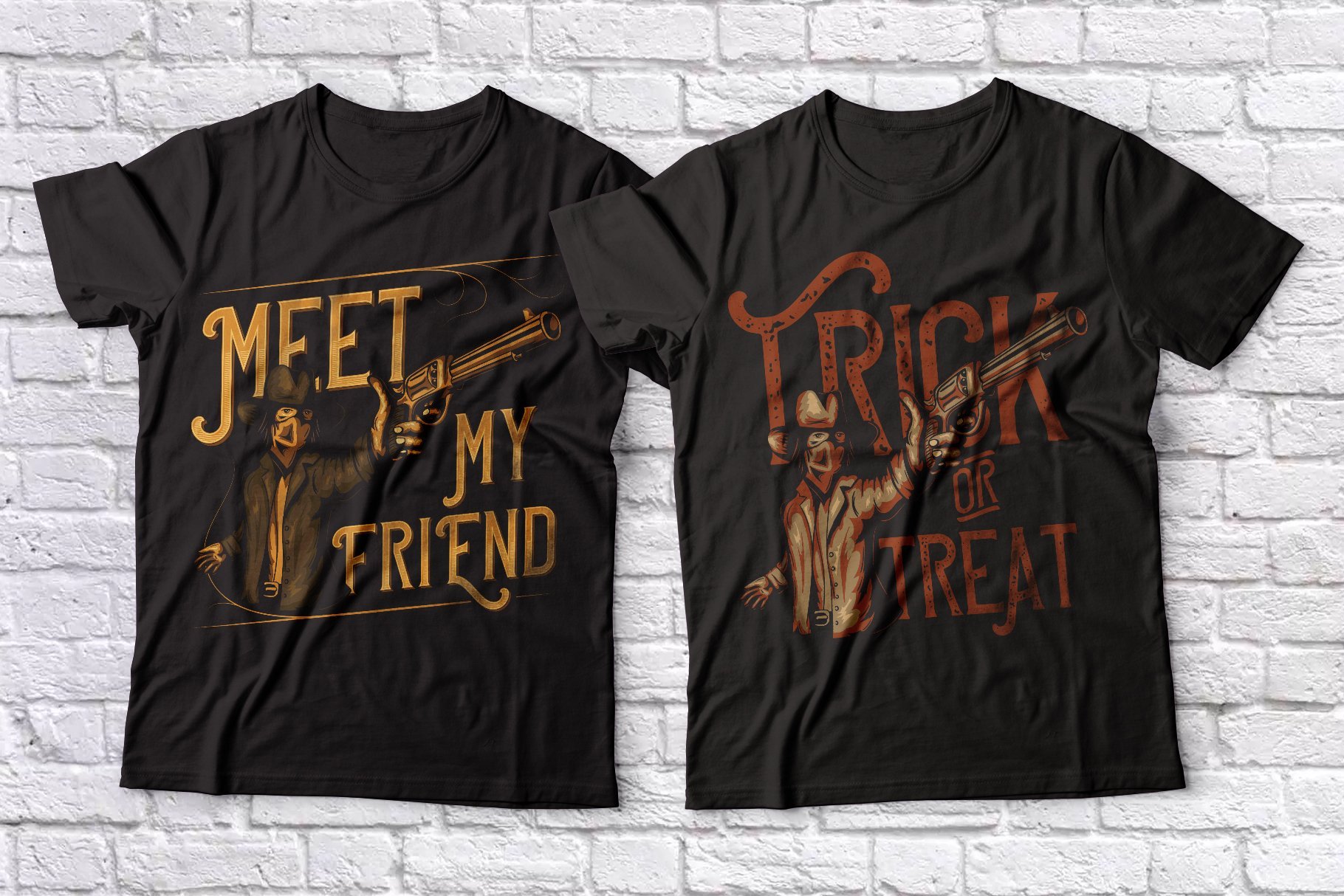 Two dark T-shirts with themed graphics and type.