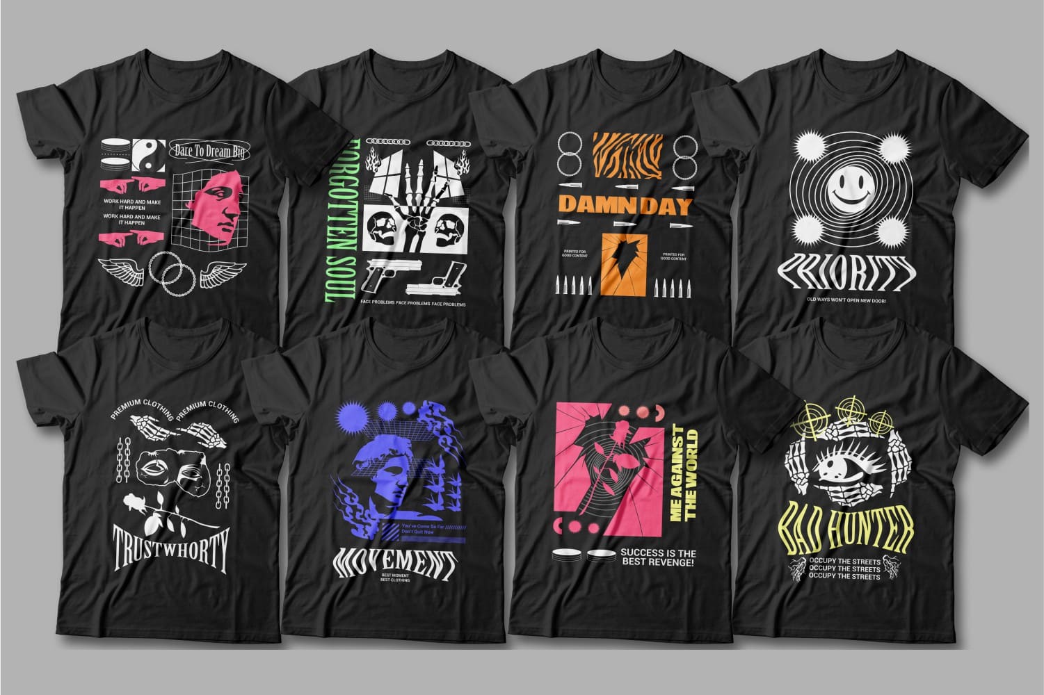 Colorful and bright graphics on the black t-shirts.
