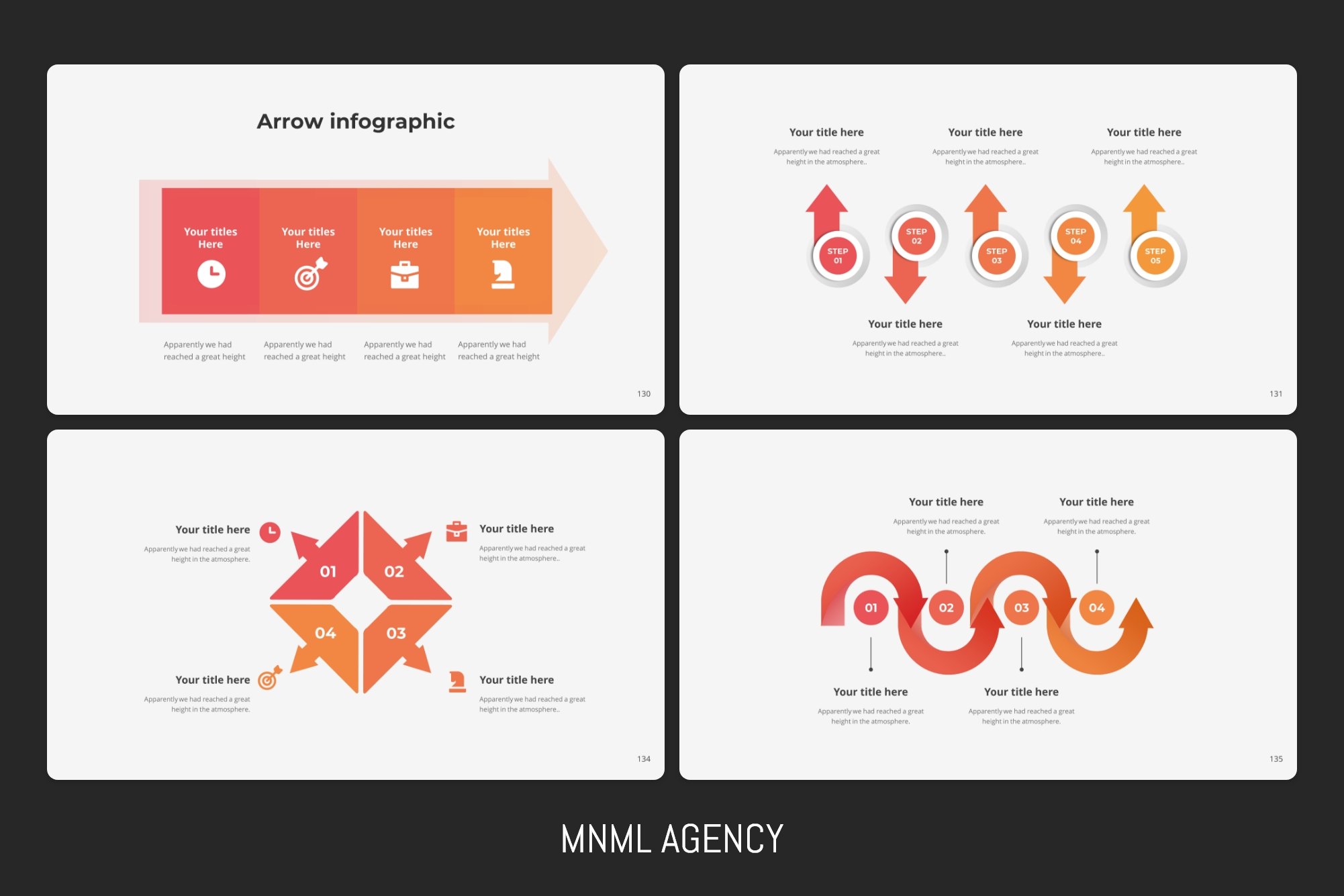 Arrow infographics in different geometric shapes.
