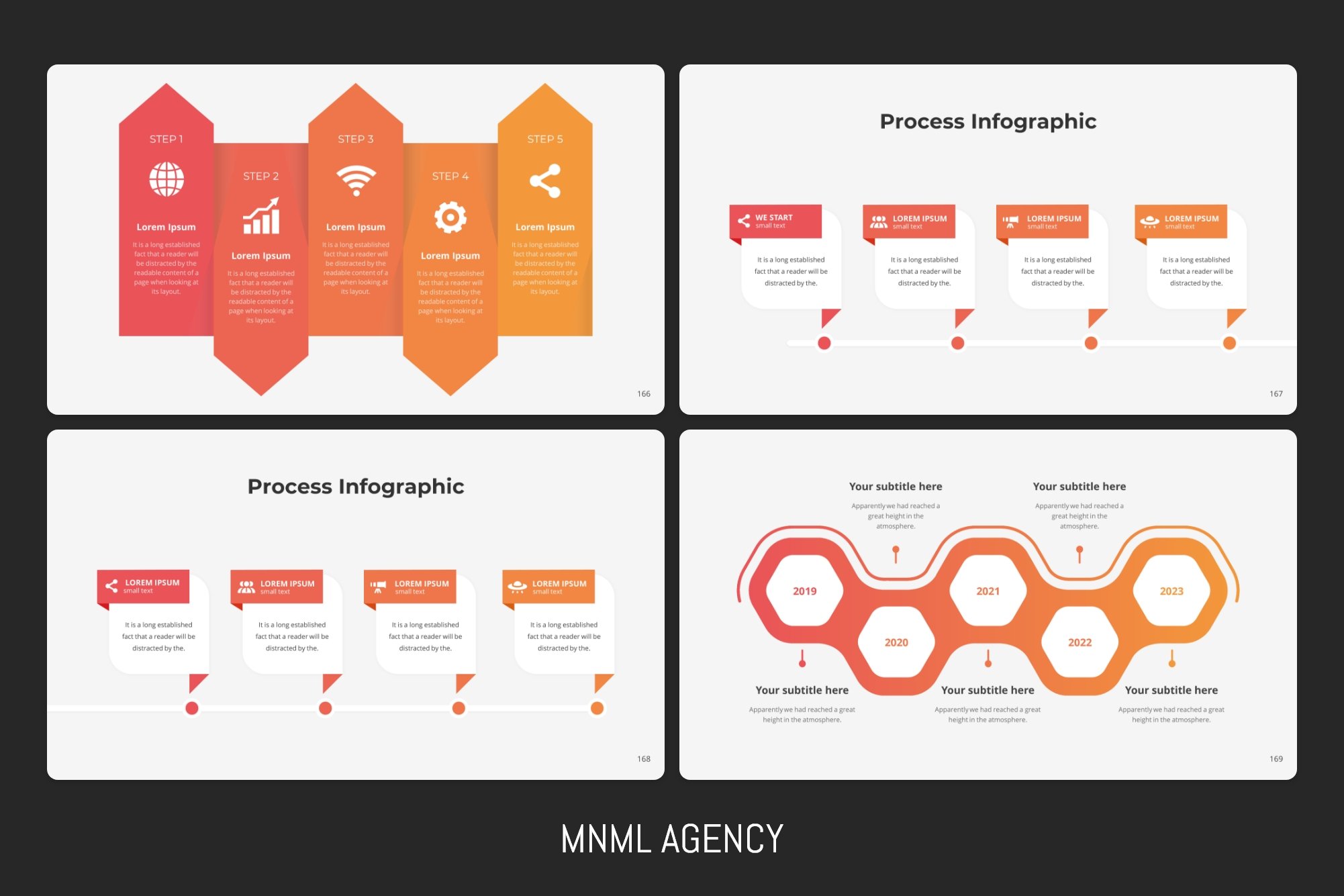 Process infographics with timelines.