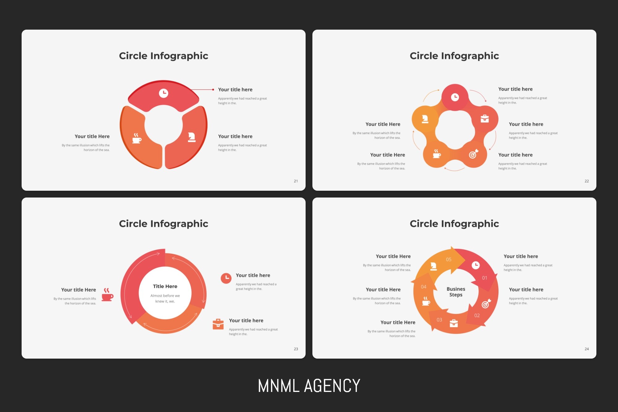 Very different variations of circular infographics.
